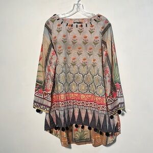 PAREESA Ethnic Print Hi-Lo Bateau Neck Black Beads/Paillettes Cotton Tunic SZ M